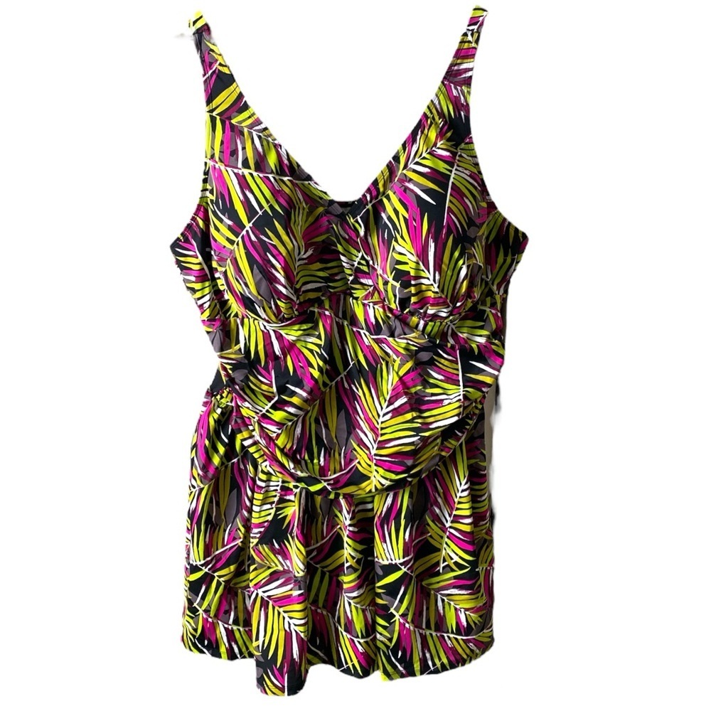 D & Co. Beach Ruched Flounce Swim Dress Leaf Print One Piece Womens Plus 24W